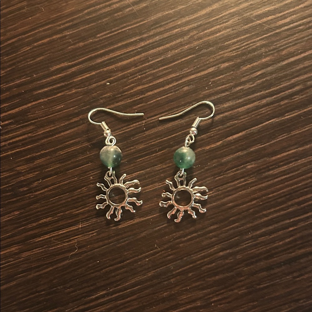 Silver Sunburst Earrings with Green Beads